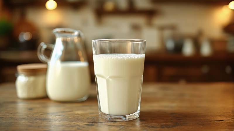 عکس لارج فرمت از لیوان شیر روی میز چوبی