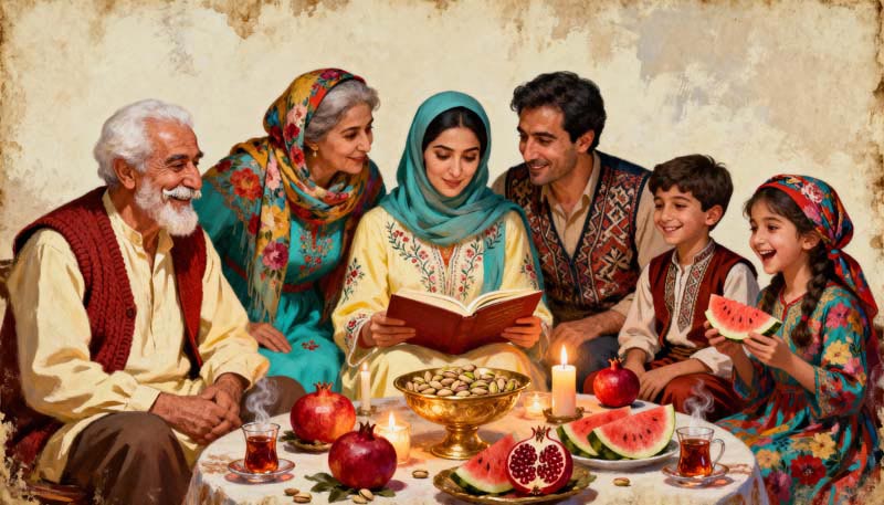 دانلود تصویر هنری شب یلدا با خانواده خوشحال