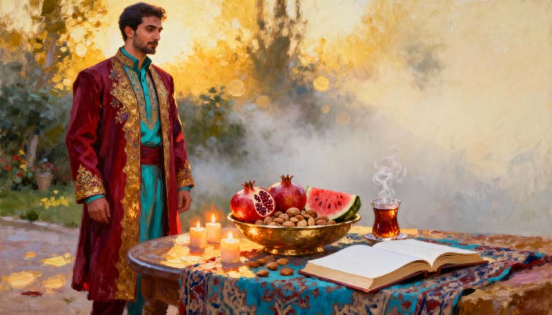 دانلود تصویر با کیفیت نقاشی جشن یلدا و مرد زیبا