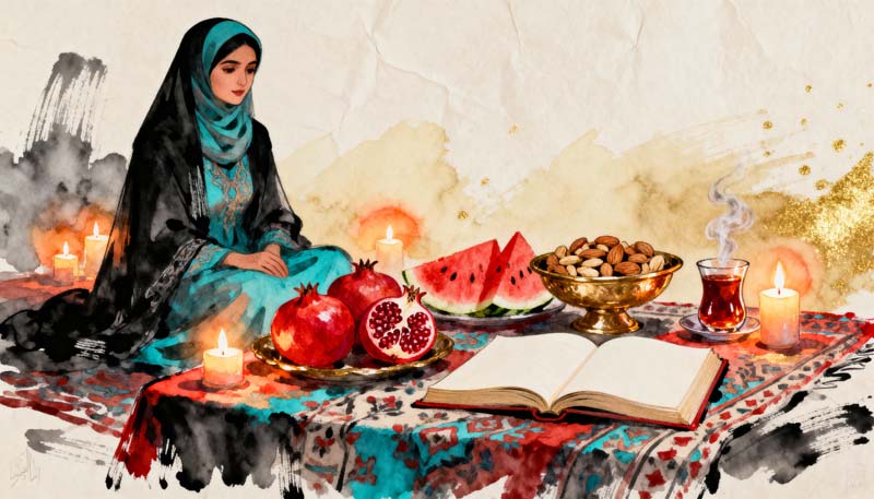 دانلود تصویر گرافیکی نقاشی یلدا با خانم سنتی