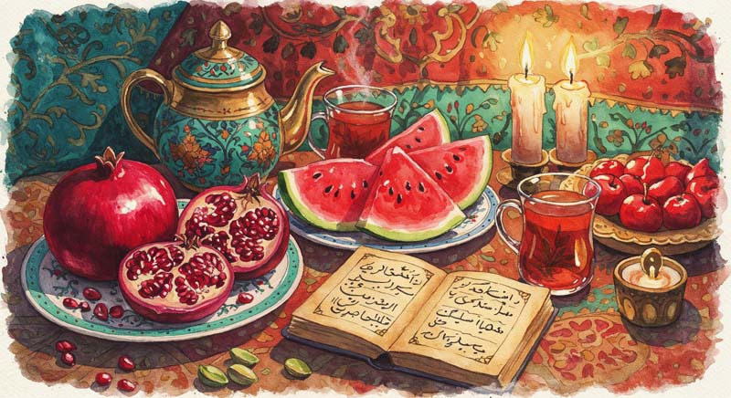 تصویر گرافیکی سفره یلدا تزئین شده