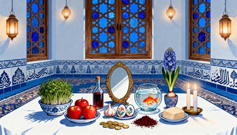 دانلود تصویر گرافیکی سفره عید نوروز با تم آبی و سفید