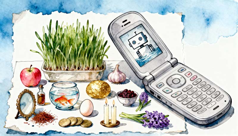 عکس گرافیکی سفره هفت سین کنار موبایل