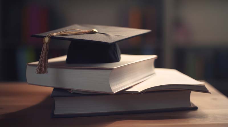 تصویر لارج فرمت از کتابها و کلاه فارغ التحصیلی