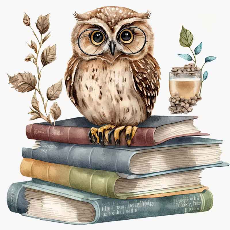 تصویر لارج فرمت از جغد کارتونی روی کتابها