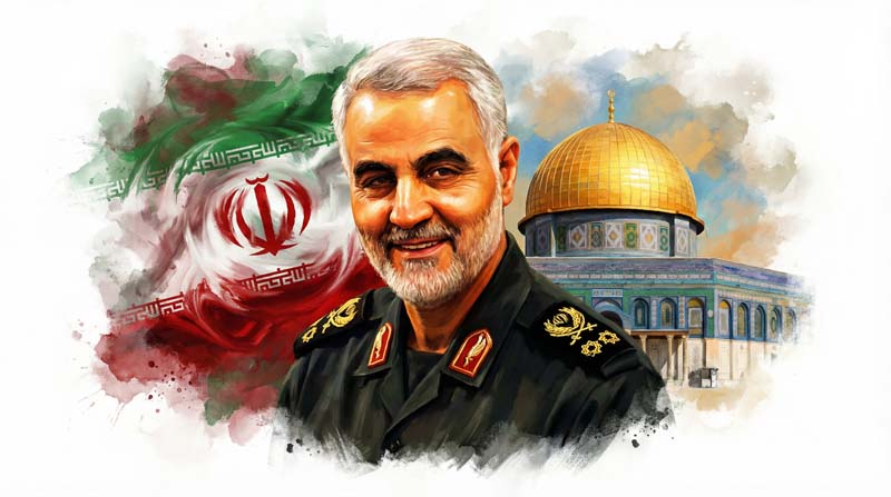دانلود تصویر باکیفیت سپهبد سلیمانی و پرچم ایران و بیت المقدس