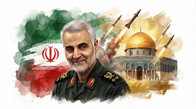 تصویر قاسم سلیمانی و پرچم ایران و قدس و موشک هایپرسونیک