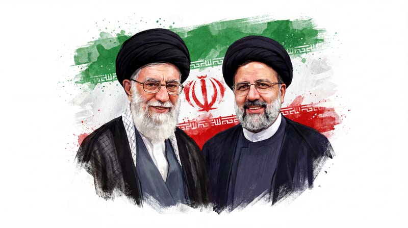 تصویر حضرت خامنه ای و شهید رئیسی و پرچم ایران