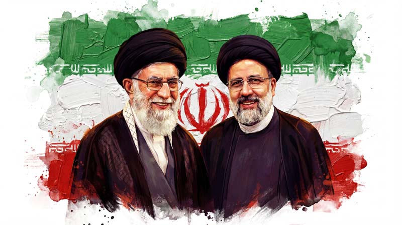 تصویر امام خامنه ای و شهید رئیسی و پرچم ایران