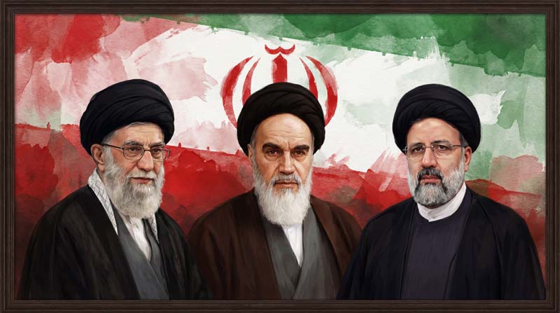 تصویر حضرت امام و حضرت خامنه ای و شهید رئیسی و پرچم ایران