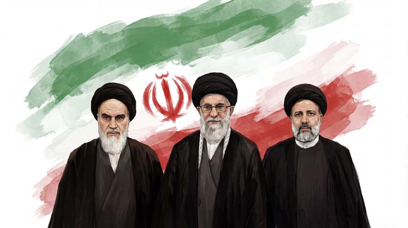 تصویر حضرت امام و حضرت خامنه ای و شهید رئیسی با پرچم ایران