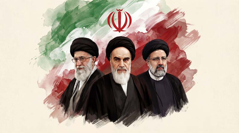 تصویر حضرت خمینی و حضرت خامنه ای و شهید رئیسی با پرچم ایران
