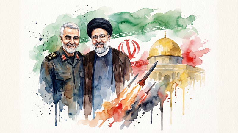 تصویر شهید رئیسی و سلیمانی و قدس با پرچم ایران و موشک