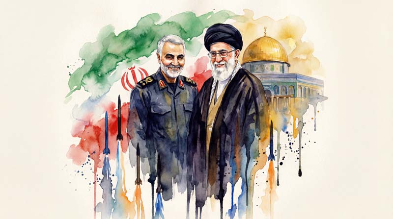 تصویر رهبری و سرلشکر سلیمانی و قدس با پرچم ایران و موشک جنگی