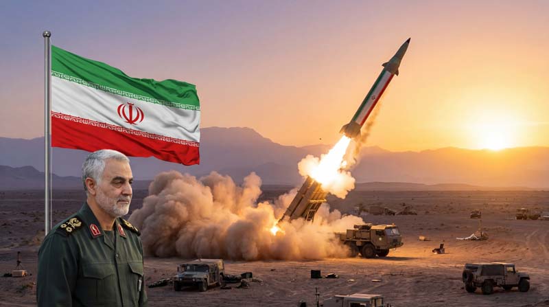 تصویر گرافیکی سردار سلیمانی با پرچم ایران و پرتاب موشک