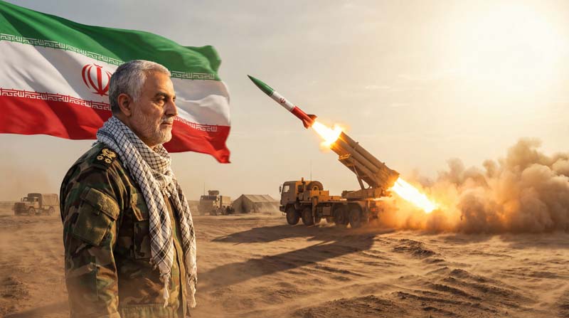 تصویر گرافیکی شهید سلیمانی با پرچم ایران و پرتاب موشک