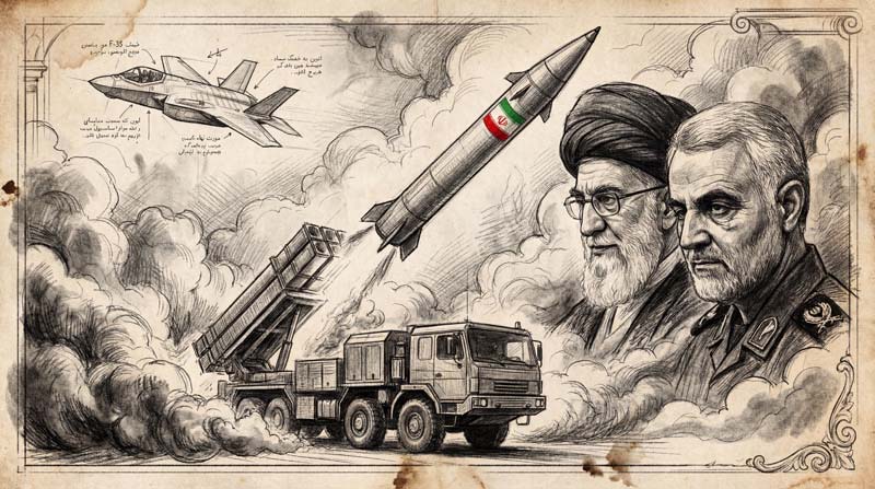 تصویر سیاه قلم رهبری و حاج قاسم و موشک هایپرسونیک و جنگنده