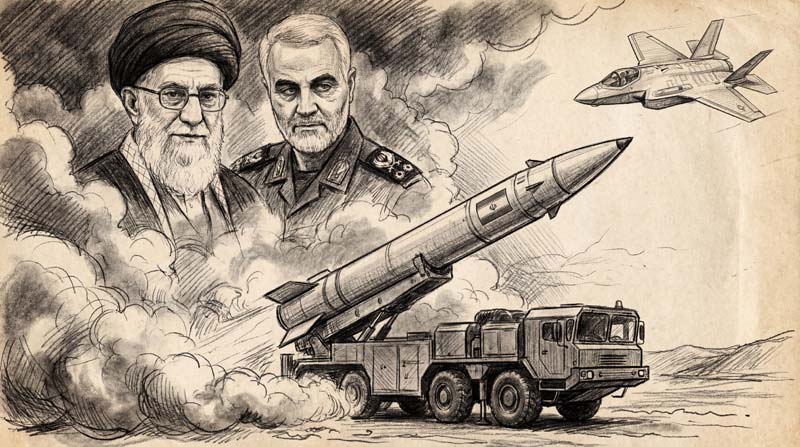 تصویر سیاه قلم حضرت خامنه ای و حاج قاسم و موشک و جنگنده