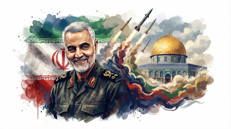تصویر نقاشی حاج قاسم با موشک و قدس و پرچم ایران