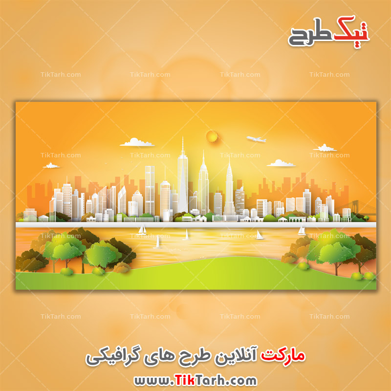پس زمینه فانتزی با طرح دریاچه و شهر