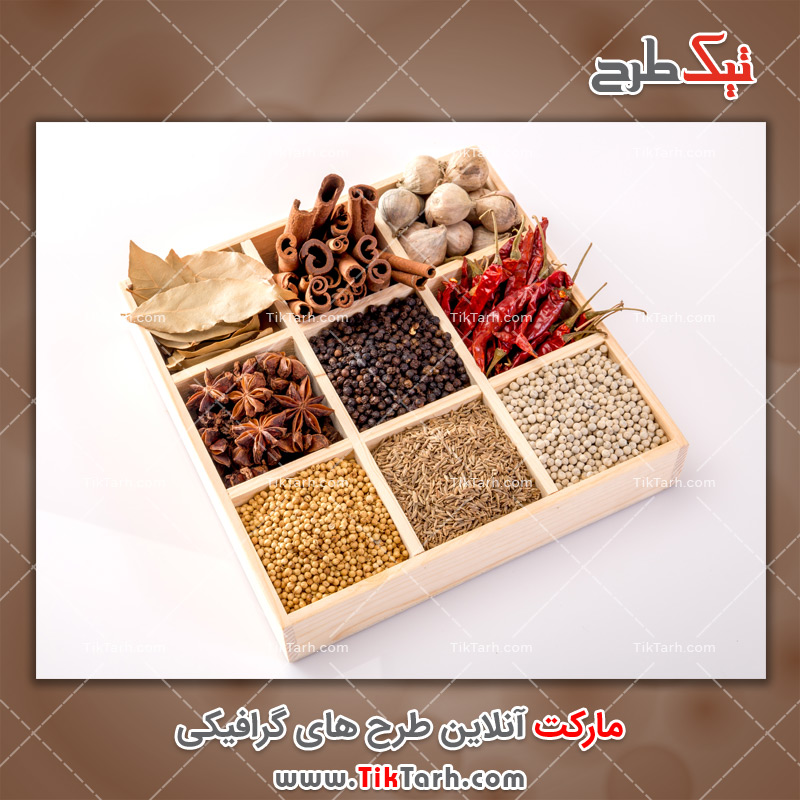 دانلود عکس باکیفیت انواع ادویه در جعبه چوبی
