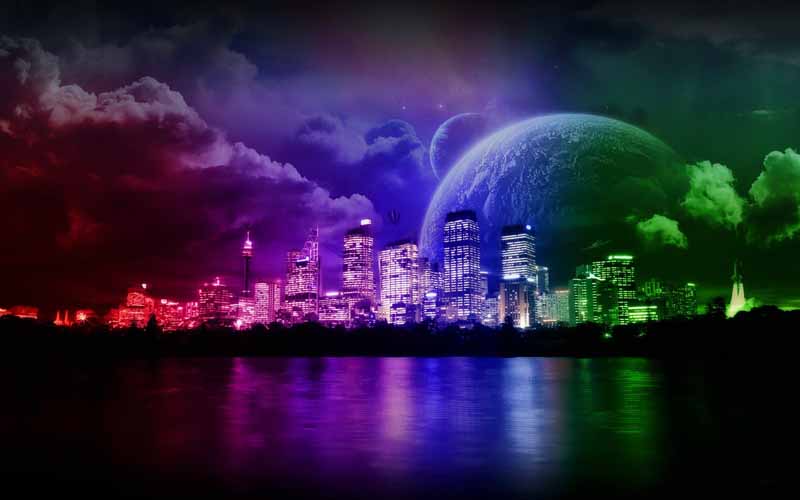 عکس فانتزی شهر ساحلی در شب