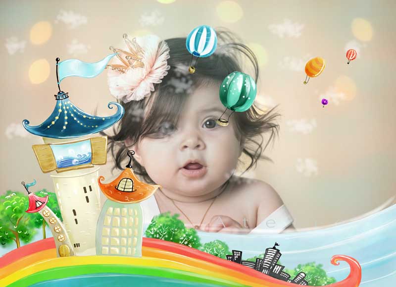 قاب عکس لایه باز کودکانه شهر رنگین کمان