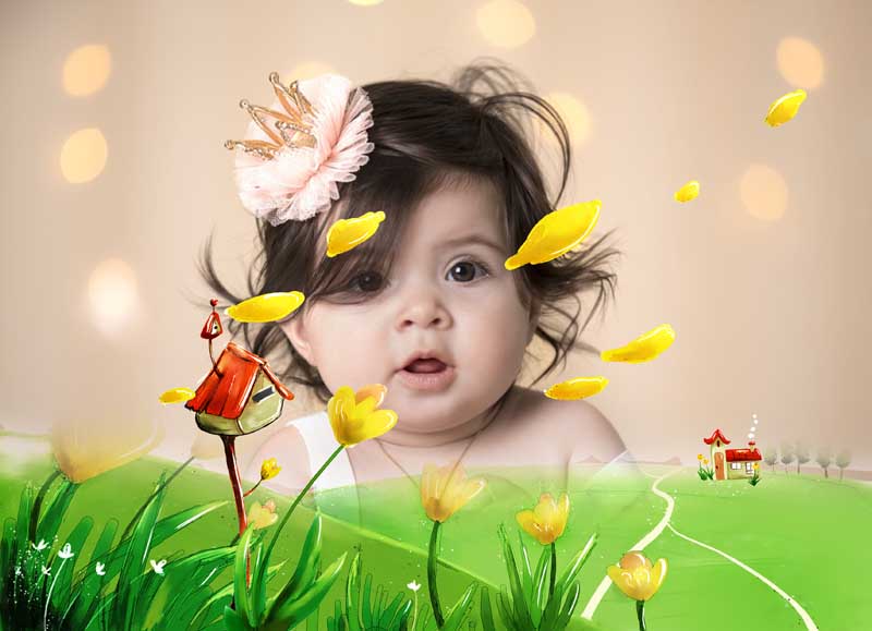 قاب عکس لایه باز کودکانه دشت و گلهای زرد