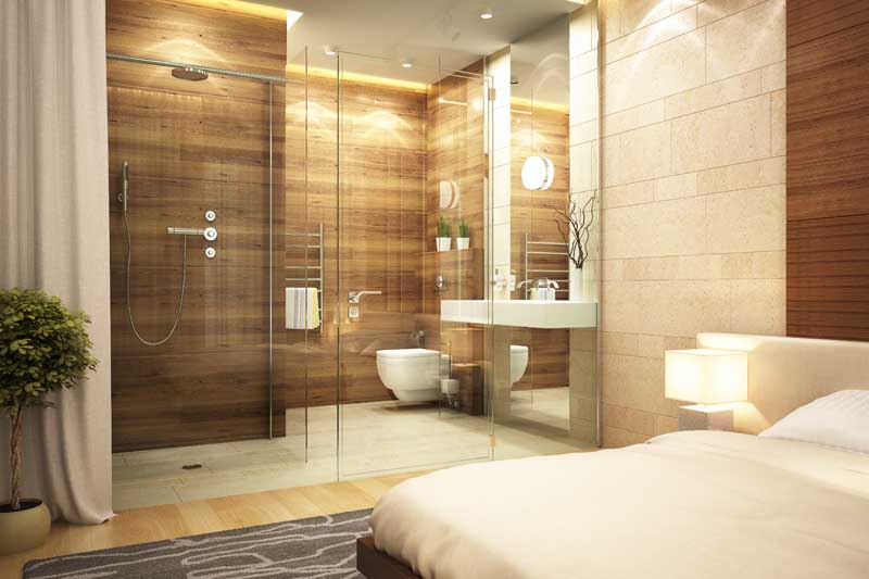 عکس با کیفیت از حمام شیشه ای در اطاق خواب