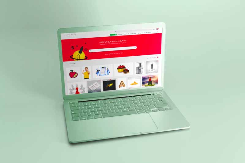 طرح موکاپ لپ تاپ اپل با بدنه مایل به سبز
